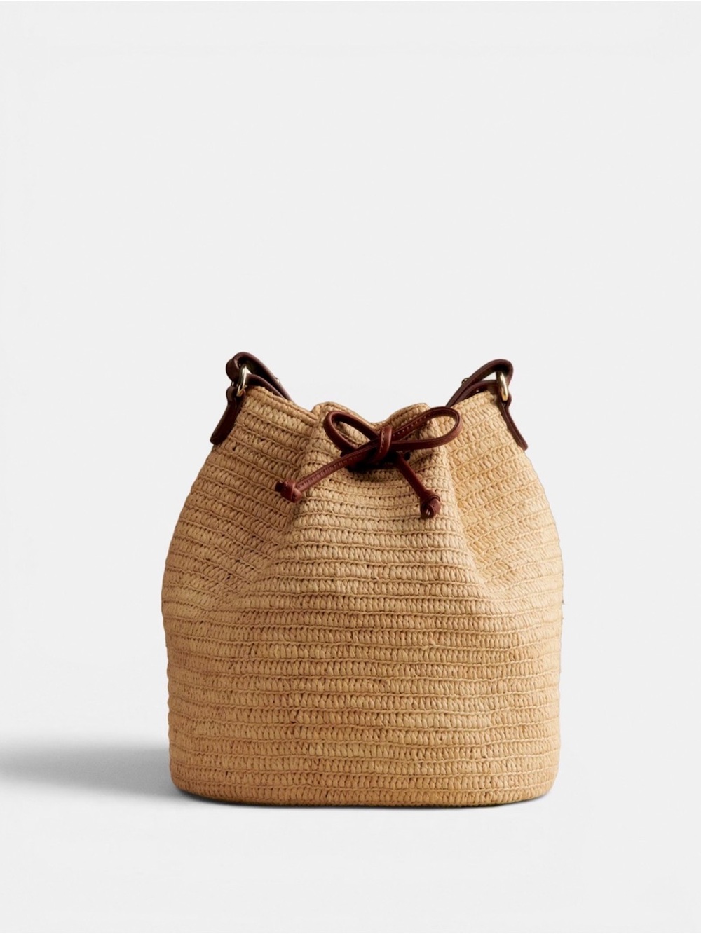 Sezane Farrow Bag Woven Raffia Crossbody with Brown Leather Strap
